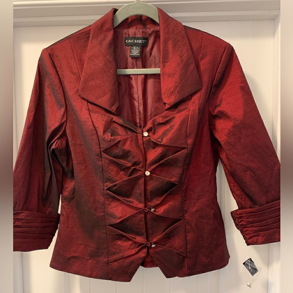 Cachet VTG Shiny Maroon / Burgundy Rhinestone Holiday Party Top / Jacket Size 14